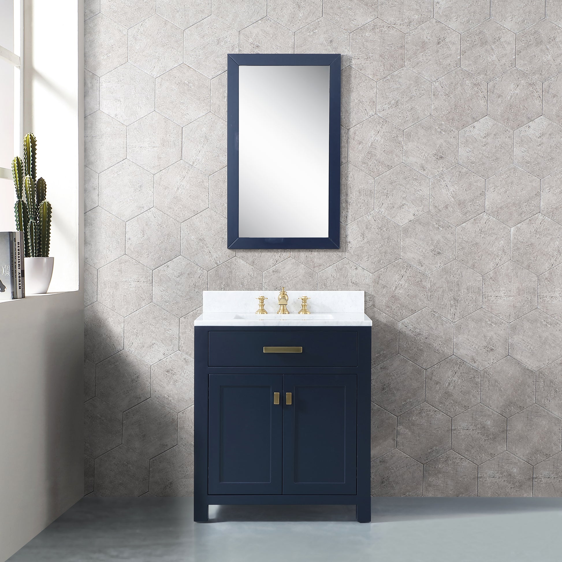 MADISON 30"W x 34"H Monarch Blue Single-Sink Vanity with Carrara White Marble Countertop + Mirror