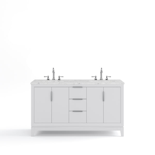 ELIZABETH 60W x 34.25H Pure White Double-Sink Vanity with Carrara White Marble Countertop + Faucets (F2-0012-01-TL)