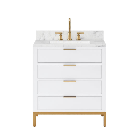 BRISTOL 30"W x 34"H Pure White Single-Sink Vanity with Carrara White Marble Countertop