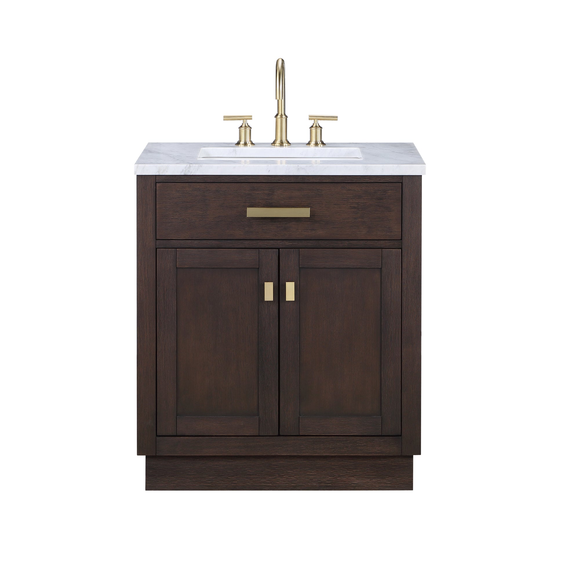 CHESTNUT 30"W x 34.2"H Brown Oak Single-Sink Vanity with Carrara White Marble Countertop + Faucet