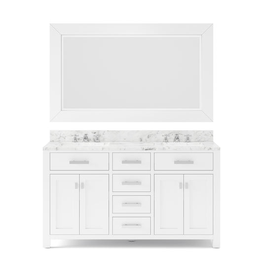 MADISON 60"W x 34"H Pure White Double-Sink Vanity + Faucets & Mirror