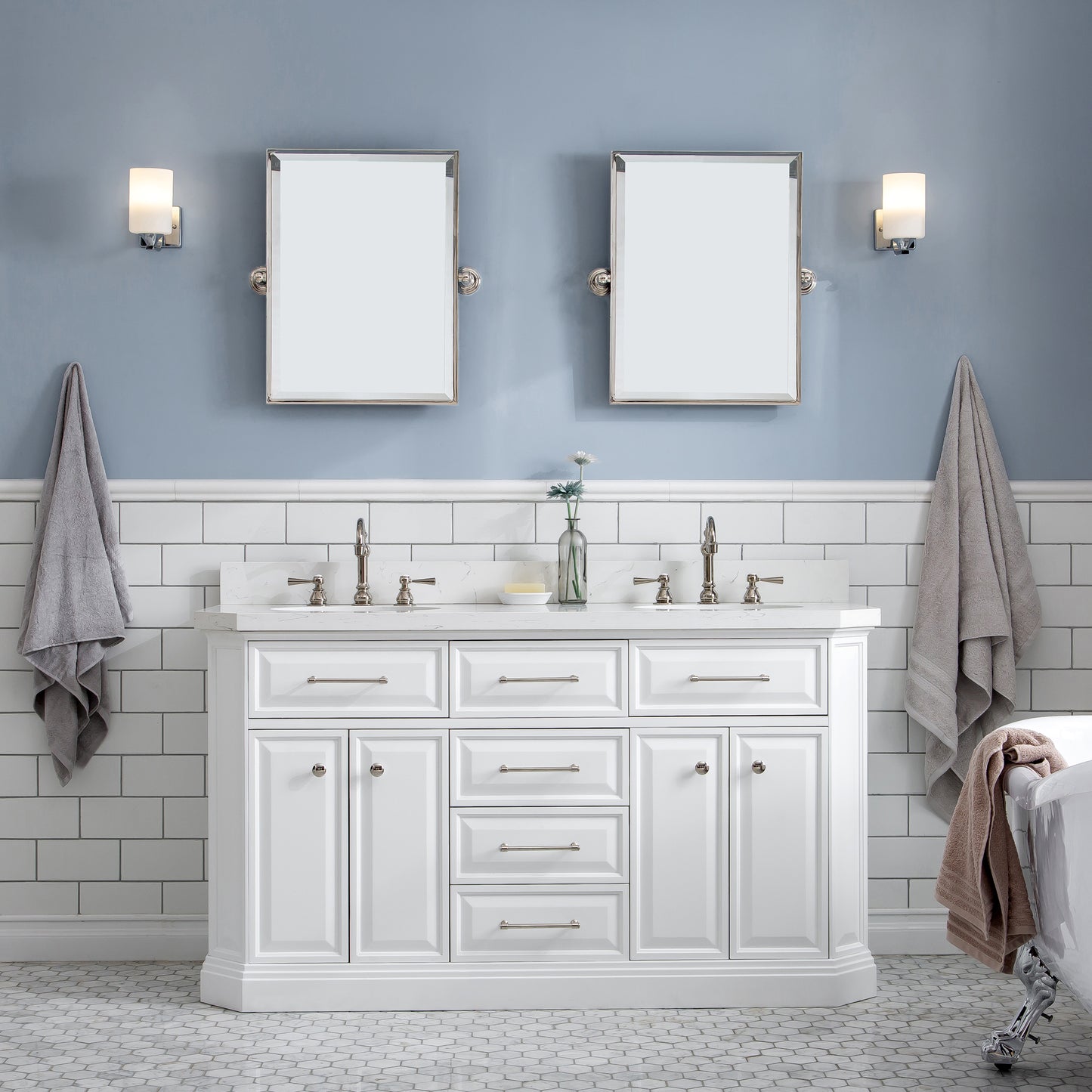 PALACE 60"W x 34"H Pure White Vanity with Carrara Quartz Countertop + Faucets & Mirror (F2-0012), Polished Nickel Finish Hardware & Mirror