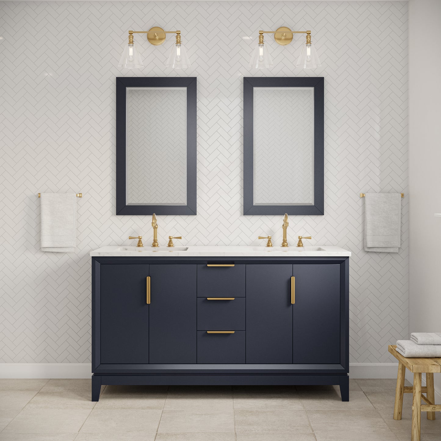 ELIZABETH 60"W x 34.25"H Monarch Blue Double-Sink Vanity with Carrara White Marble Countertop + Faucets (F2-0012-06-TL)