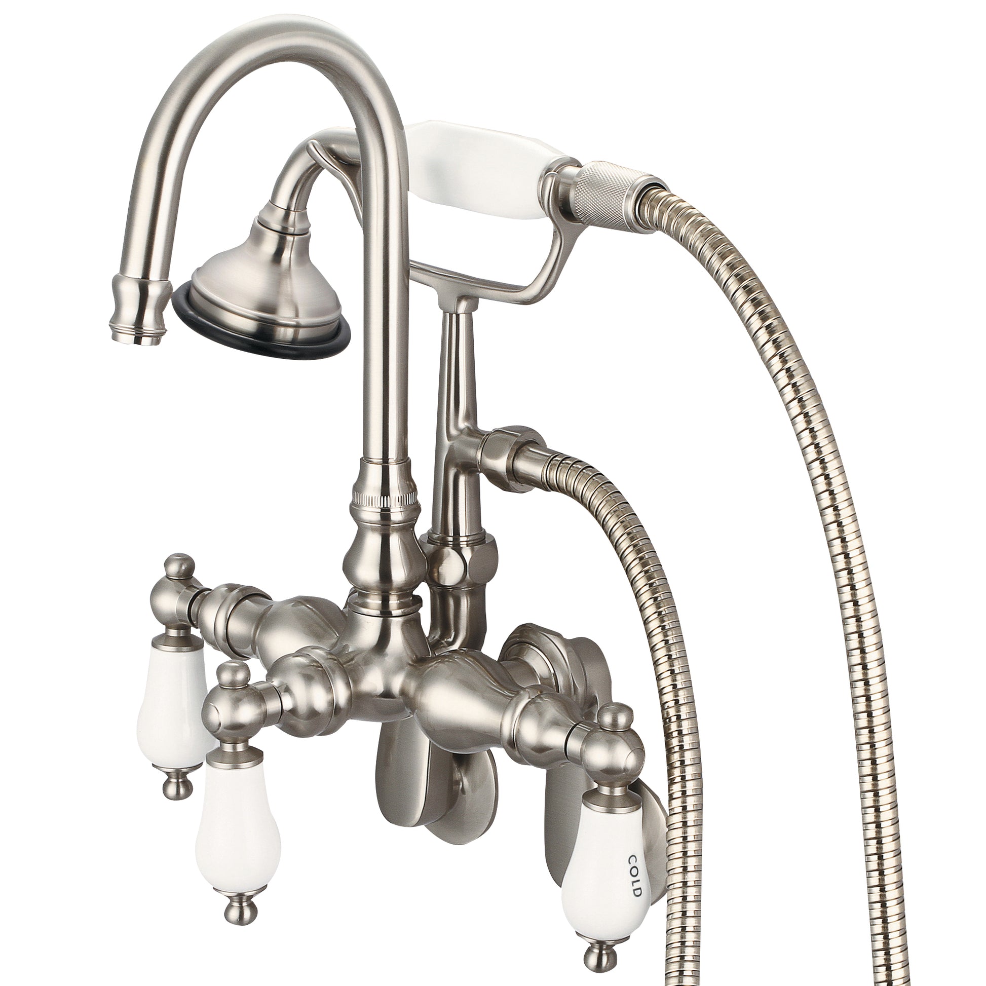 Vintage Classic Adjustable Spread Wall Mount Tub Faucet With Gooseneck Spout, Swivel Wall Connector & Handheld Shower in Brushed Nickel Finish, With Porcelain Lever Handles, Hot And Cold Labels Included