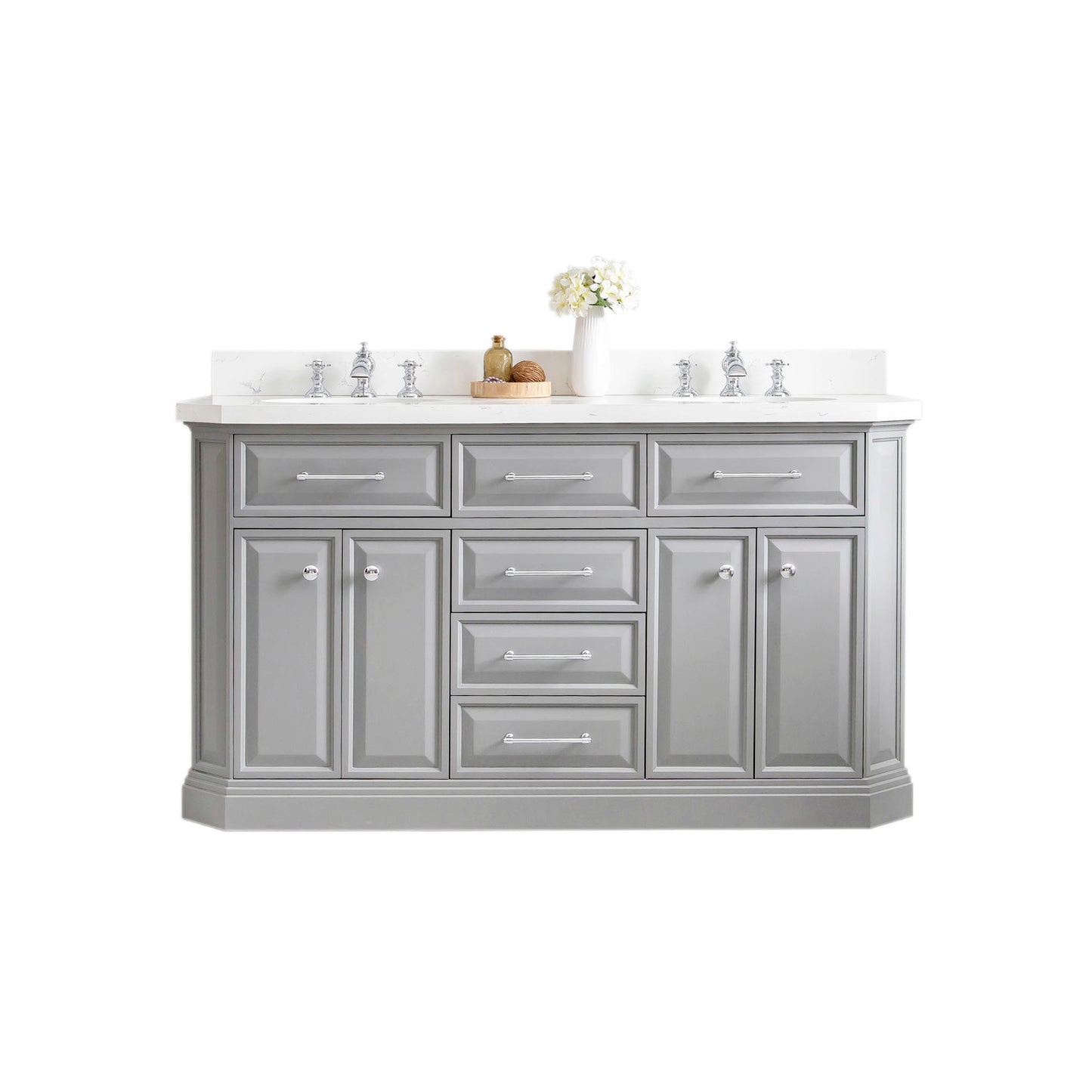 PALACE 60"W x 34"H Cashmere Gray Vanity with Carrara Quartz Countertop + Faucets (F2-0013), Chrome Finish Hardware