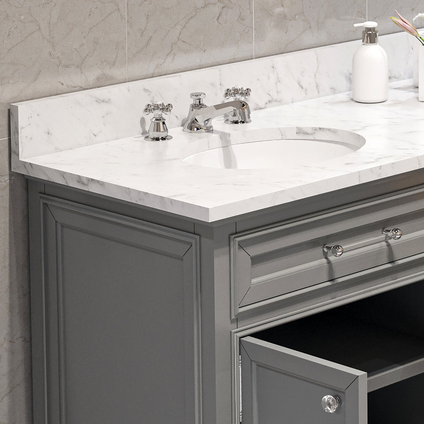 DERBY 72"W x 34"H Cashmere Gray Double-Sink Vanity with Carrara White Marble Countertop + Faucets & Mirrors