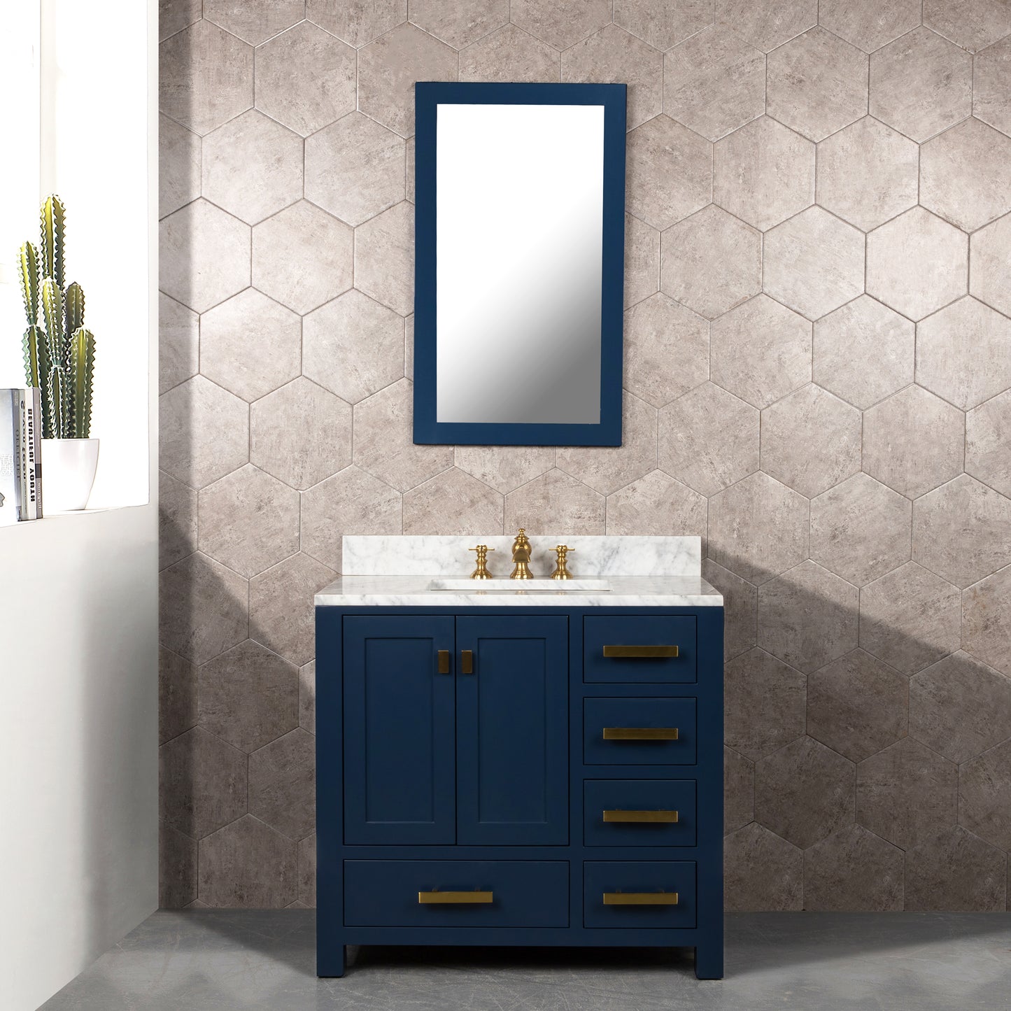 MADISON 36"W x 34"H Monarch Blue Single-Sink Vanity with Carrara White Marble Countertop + Faucets (F2-0013-06-FX)