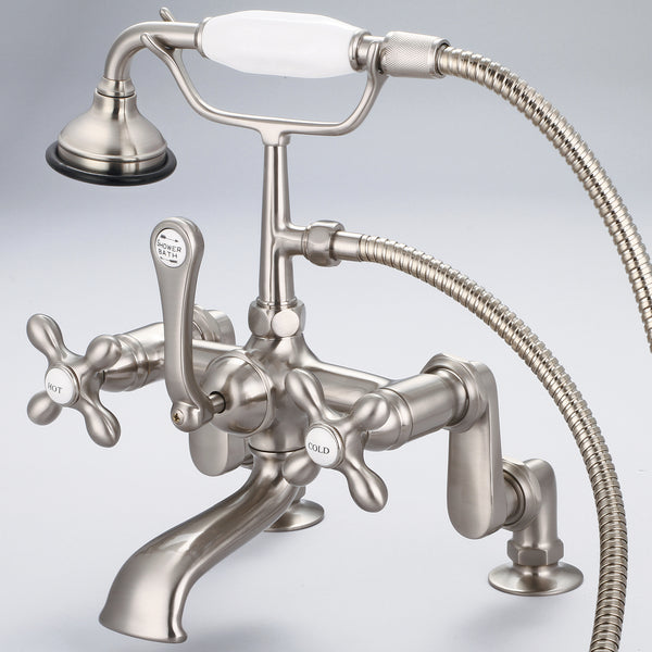 Vintage Classic Adjustable Center Deck Mount Tub Faucet With Handheld Shower in Brushed Nickel Finish, With Metal Lever Handles, Hot And Cold Labels Included