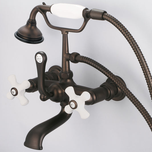 Vintage Classic 7" Spread Wall Mount Tub Faucet With Straight Wall Connector & Handheld Shower in Oil Rubbed Bronze Finish, With Porcelain Cross Handles, Hot And Cold Labels Included