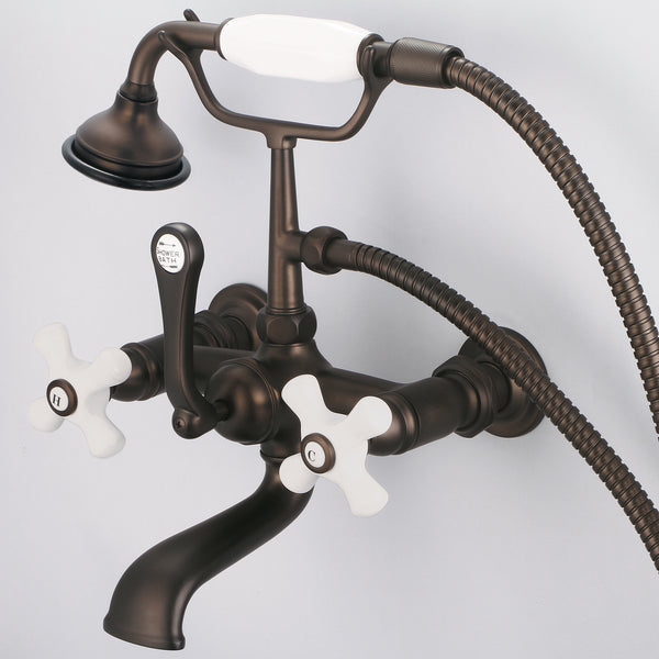 Vintage Classic 7 Spread Wall Mount Tub Faucet With Straight Wall Connector & Handheld Shower in Oil Rubbed Bronze Finish, With Porcelain Cross Handles, Hot And Cold Labels Included