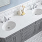 PALACE 72"W x 34"H Cashmere Gray Vanity with Carrara Quartz Countertop + Faucets & Mirror (F2-0012), Chrome Finish Hardware & Mirror