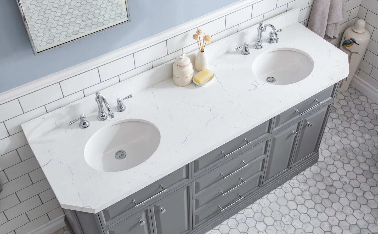 PALACE 72"W x 34"H Cashmere Gray Vanity with Carrara Quartz Countertop + Faucets & Mirror (F2-0012), Chrome Finish Hardware & Mirror