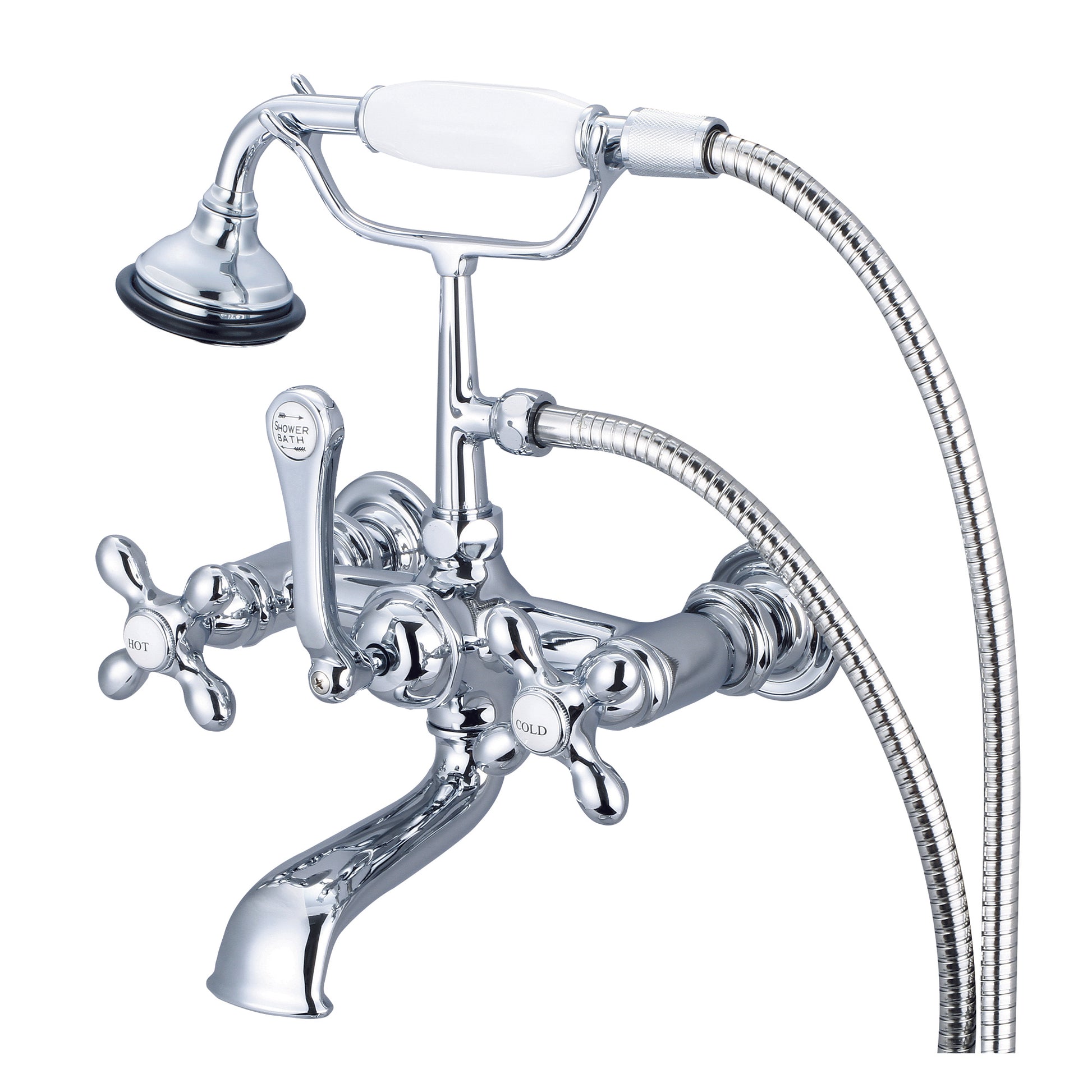 Vintage Classic 7" Spread Wall Mount Tub Faucet With Straight Wall Connector & Handheld Shower in Chrome Finish, With Metal Lever Handles, Hot And Cold Labels Included