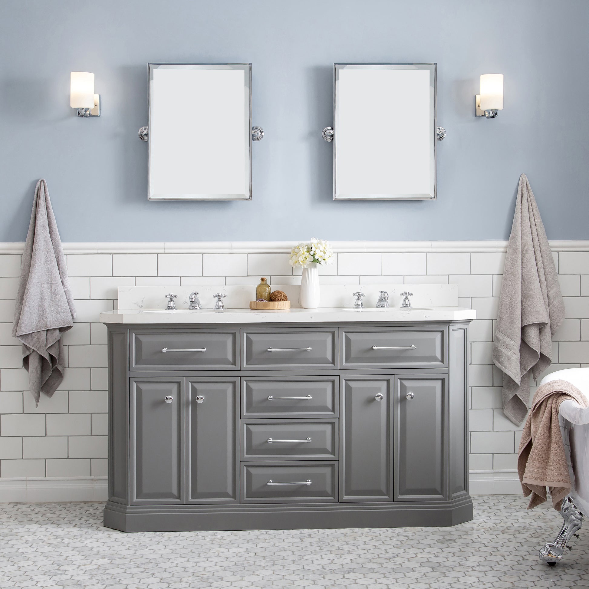 PALACE 60"W x 34"H Cashmere Gray Vanity with Carrara Quartz Countertop + Faucets (F2-0009), Chrome Finish Hardware