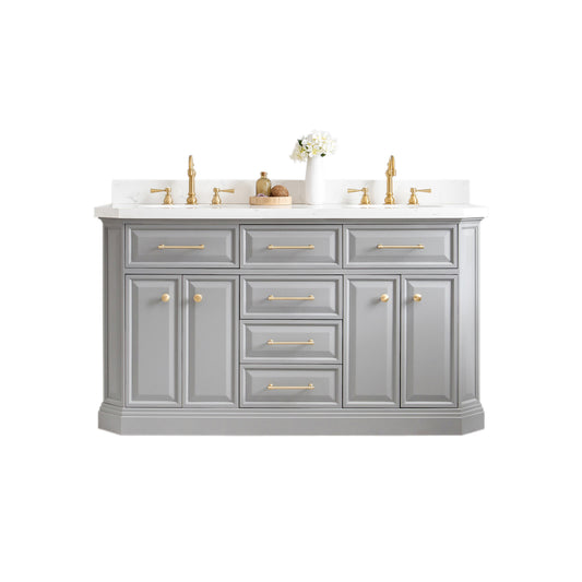 PALACE 60"W x 34"H Cashmere Gray Vanity with Carrara Quartz Countertop + Faucets & Mirrors (F2-0012), Satin Gold Finish Hardware & Chrome Finish Mirror (A)