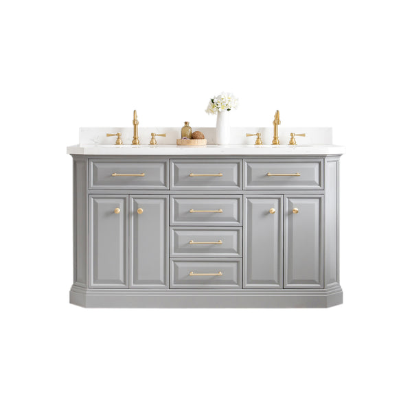 PALACE 60W x 34H Cashmere Gray Vanity with Carrara Quartz Countertop + Faucets & Mirrors (F2-0012), Satin Gold Finish Hardware & Chrome Finish Mirror (A)