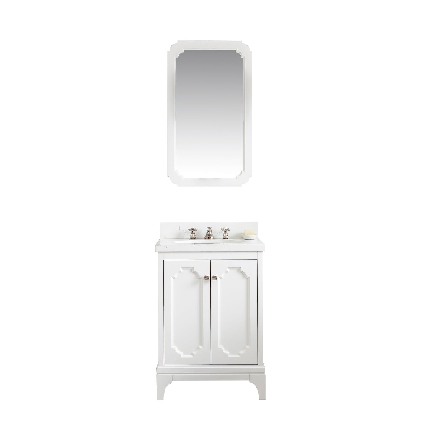 QUEEN 24"W x 34"H Pure White Single-Sink Vanity with Carrara Quartz Countertop + Faucets & Mirror (F2-0009)