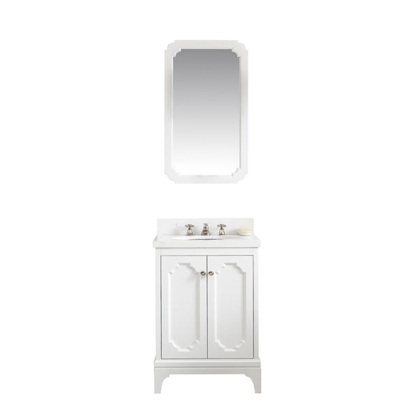 QUEEN 24W x 34H Pure White Single-Sink Vanity with Carrara Quartz Countertop + Faucets & Mirror (F2-0009)