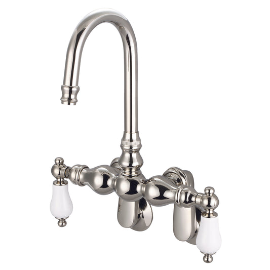 Vintage Classic Adjustable Spread Wall Mount Tub Faucet With Gooseneck Spout & Swivel Wall Connector in Polished Nickel Finish, With Porcelain Lever Handles Without labels