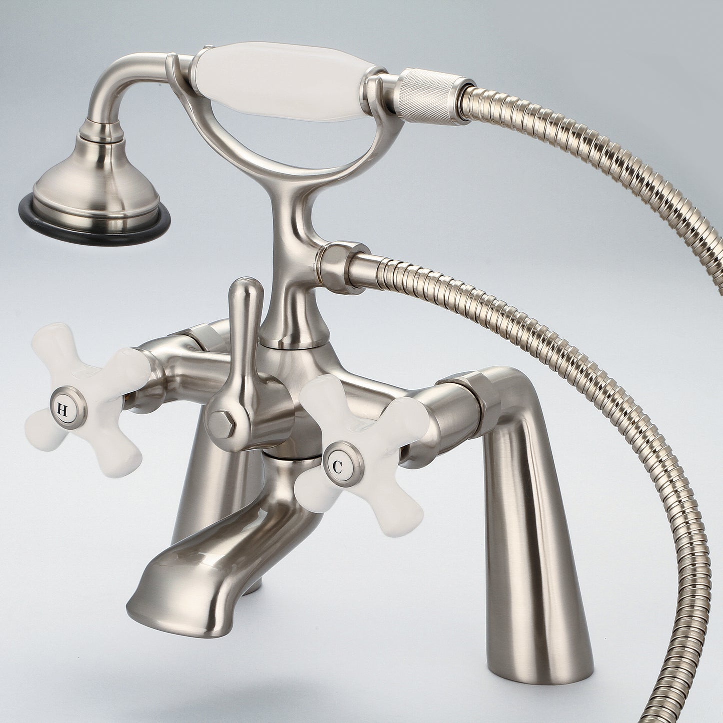 Vintage Classic 7" Spread Deck Mount Tub Faucet With Handheld Shower in Brushed Nickel Finish, With Porcelain Cross Handles, Hot And Cold Labels Included