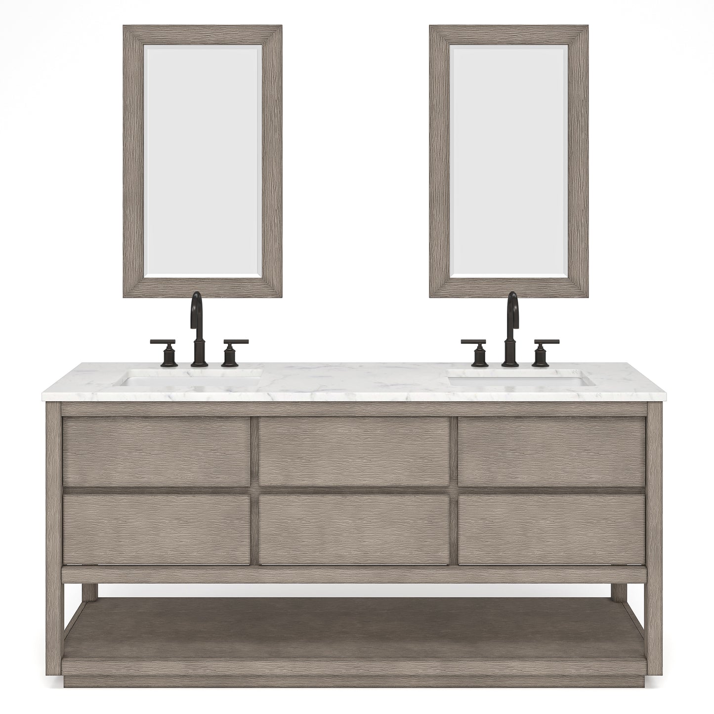 OAKMAN 72"W x 34.3"H Gray Oak Double-Sink Vanity with Carrara White Marble Countertop + Rectangular Mirrors