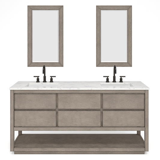 OAKMAN 72"W x 34.3"H Gray Oak Double-Sink Vanity with Carrara White Marble Countertop + Rectangular Mirrors