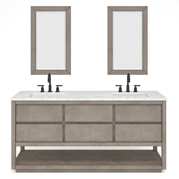 OAKMAN 72W x 34.3H Gray Oak Double-Sink Vanity with Carrara White Marble Countertop + Rectangular Mirrors