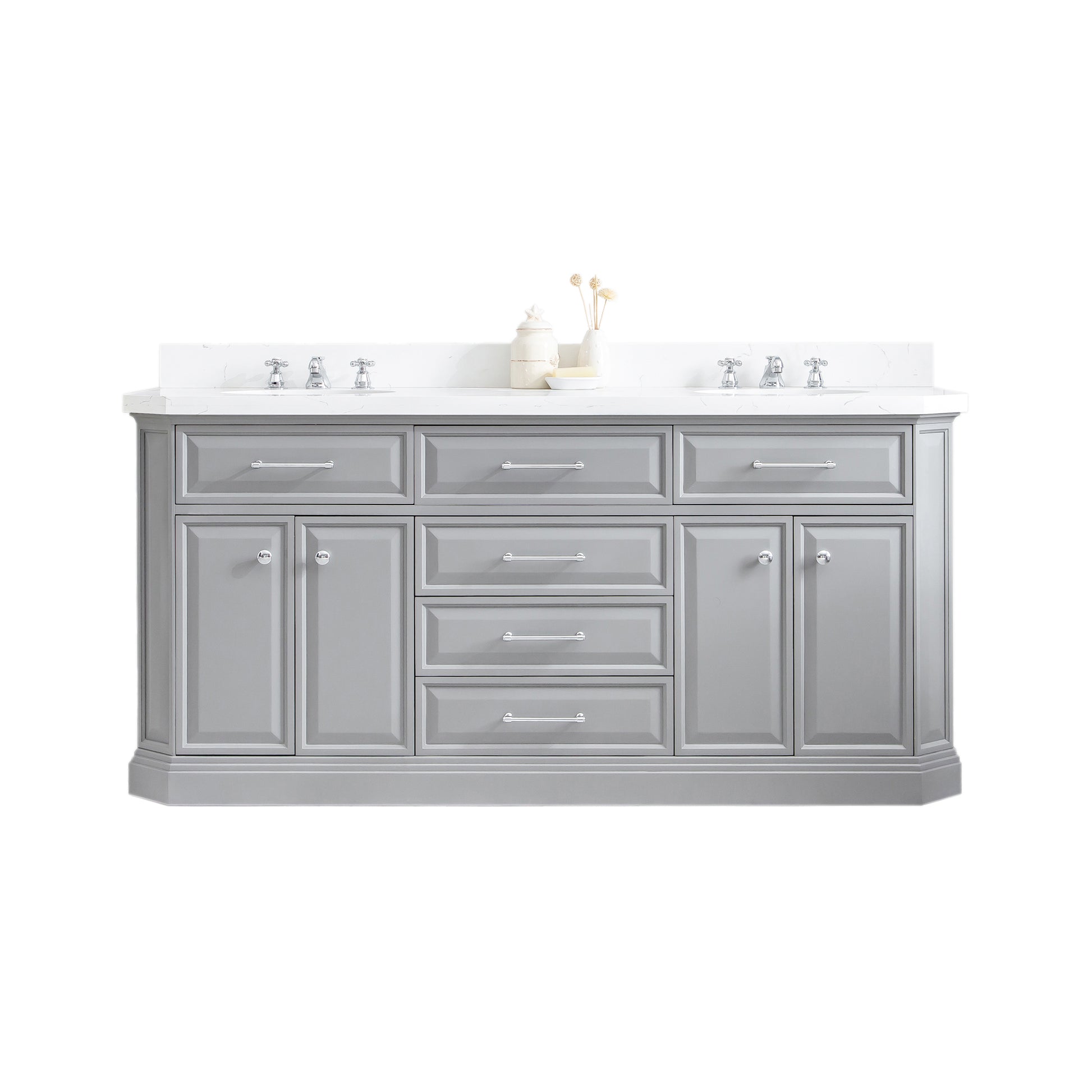 PALACE 72"W x 34"H Cashmere Gray Vanity with Carrara Quartz Countertop + Faucets (F2-0009), Chrome Finish Hardware