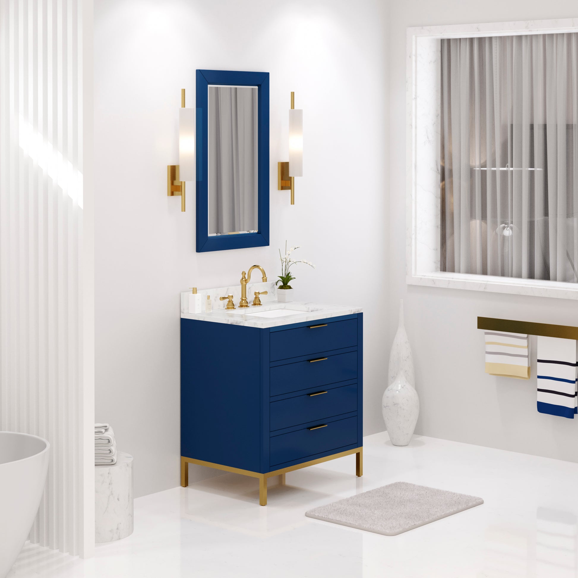 BRISTOL 30"W x 34"H Monarch Blue Single-Sink Vanity with Carrara White Marble Countertop + Satin Gold Hook Faucet