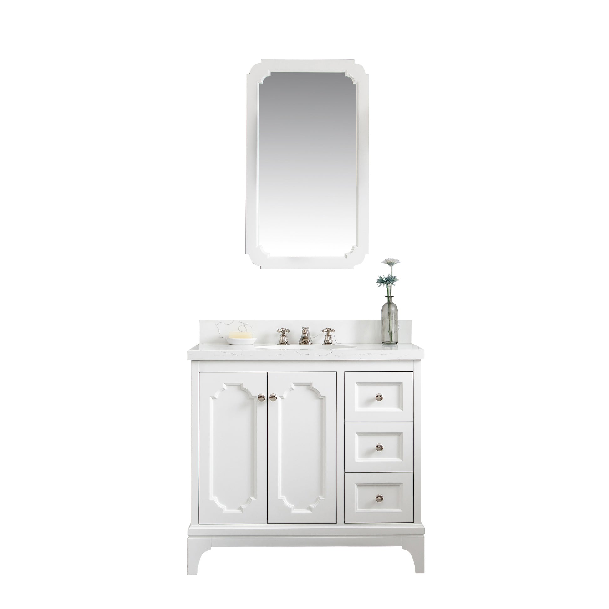 QUEEN 36"W x 34"H Pure White Single-Sink Vanity with Carrara Quartz Countertop + Faucets & Mirror (F2-0009)