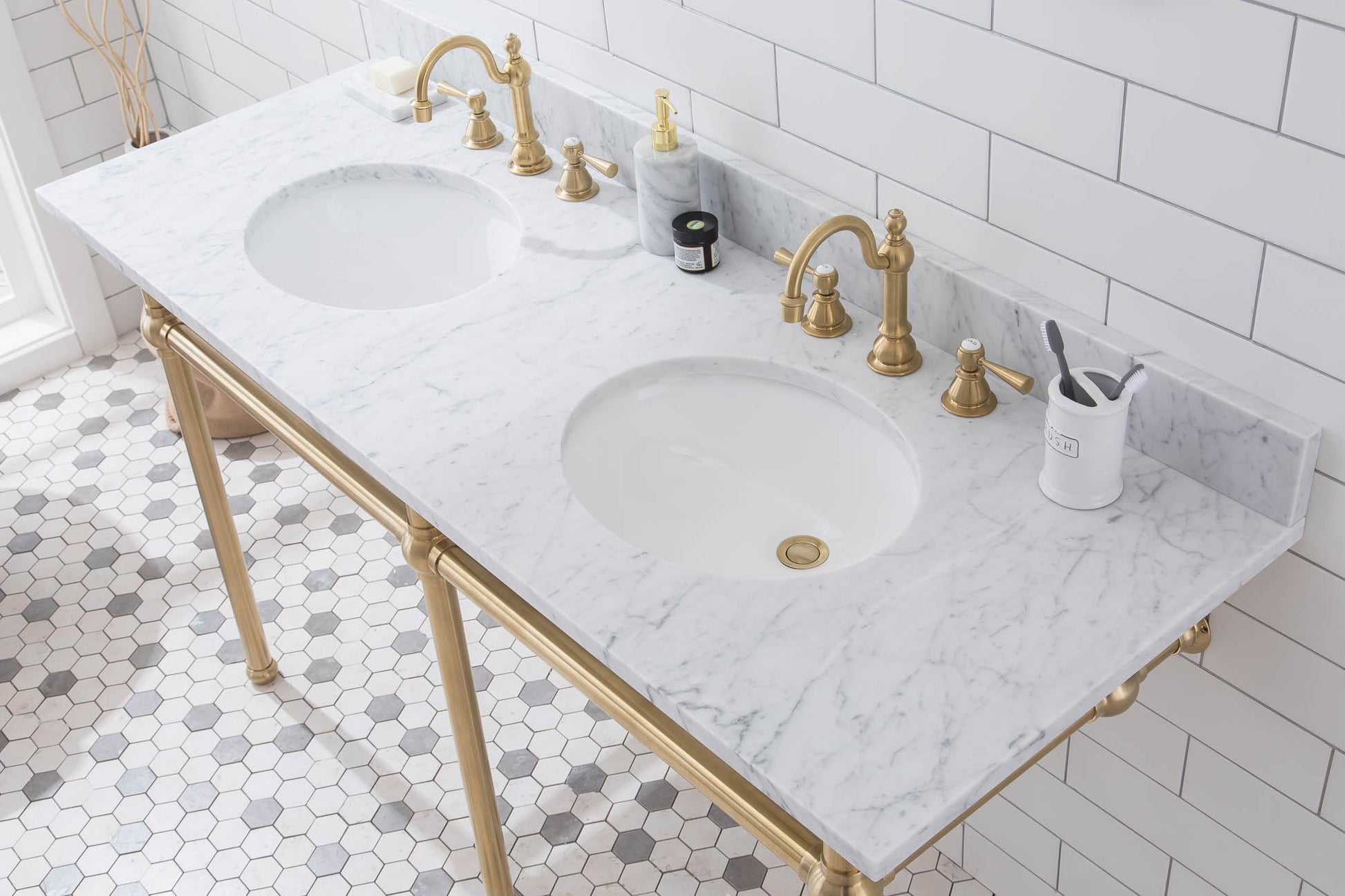 EMBASSY 60"W x 34"H  Double Washstand , P-Trap, Countertop with Sink, and F2-0012 Faucet included, in Satin Gold Finish