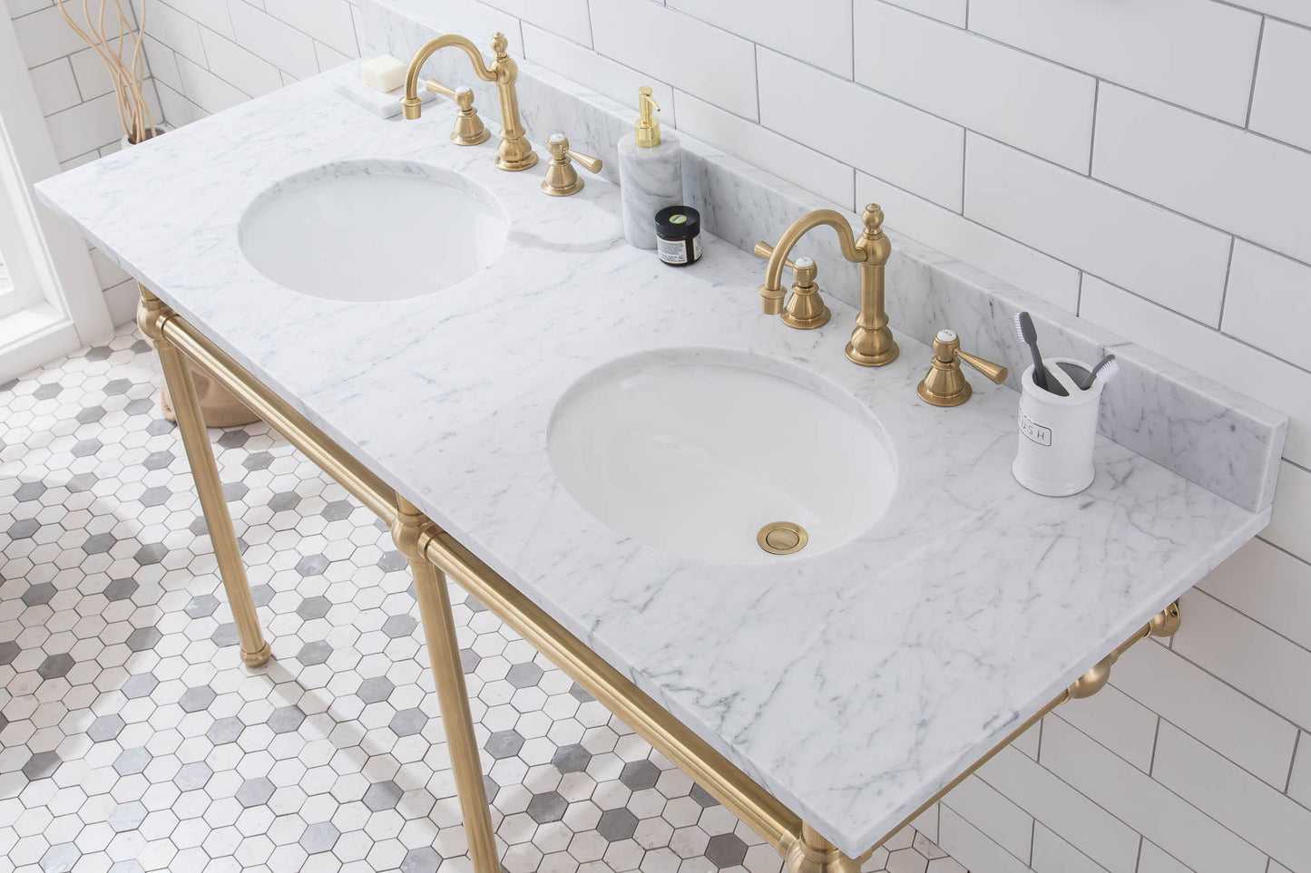 EMBASSY 60"W x 34"H  Double Washstand , P-Trap, Countertop with Sink, and F2-0012 Faucet included, in Satin Gold Finish