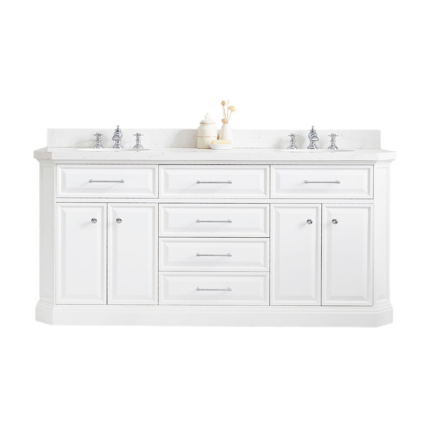 PALACE 72"W x 34"H Pure White Vanity with Carrara Quartz Countertop + Faucets (F2-0013), Chrome Finish Hardware