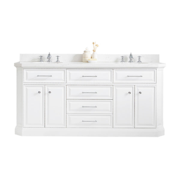 PALACE 72W x 34H Pure White Vanity with Carrara Quartz Countertop + Faucets (F2-0013), Chrome Finish Hardware