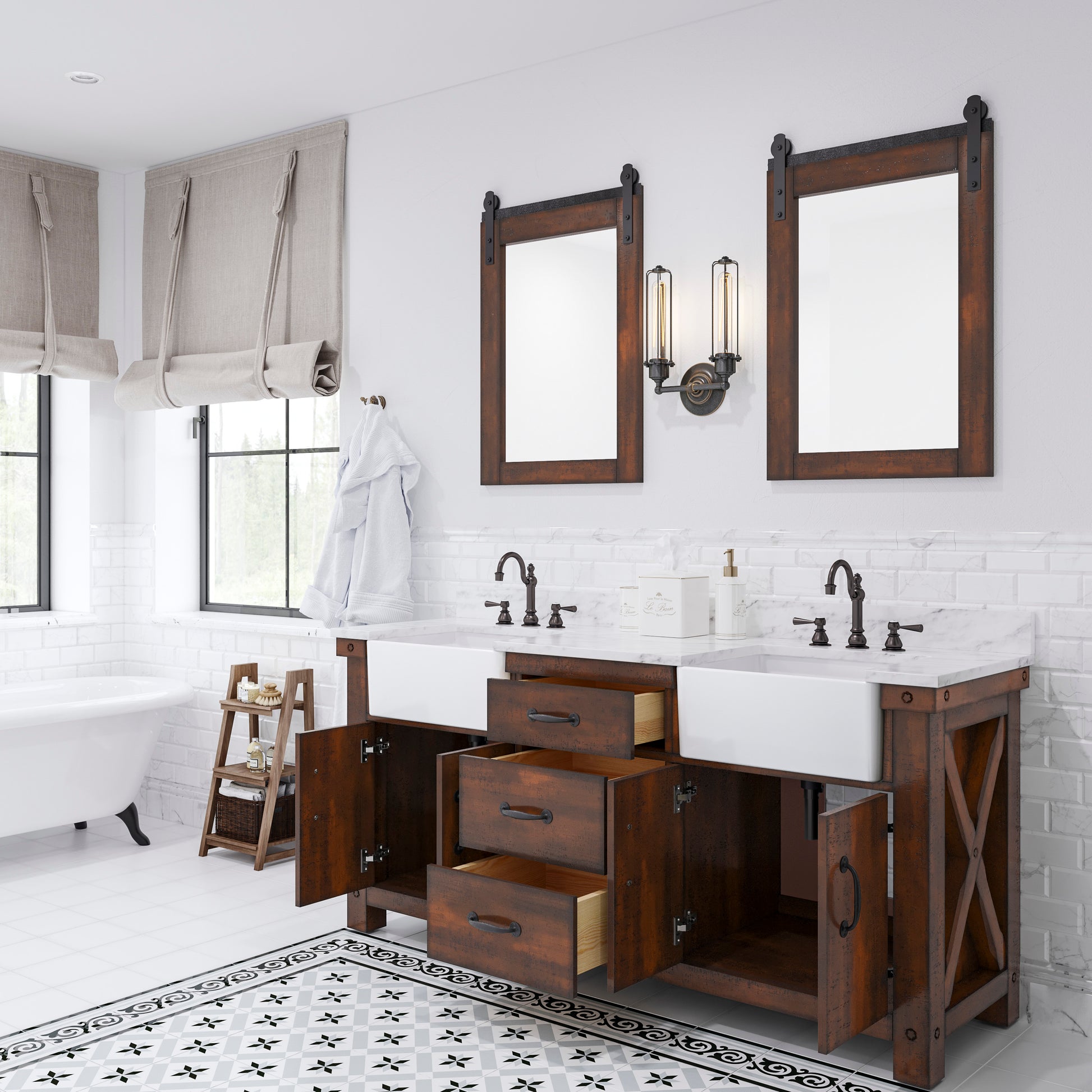 PAISLEY 72"W x 33"H Sierra Rustic Double-Sink Vanity with Carrara White Marble Countertop + Mirror