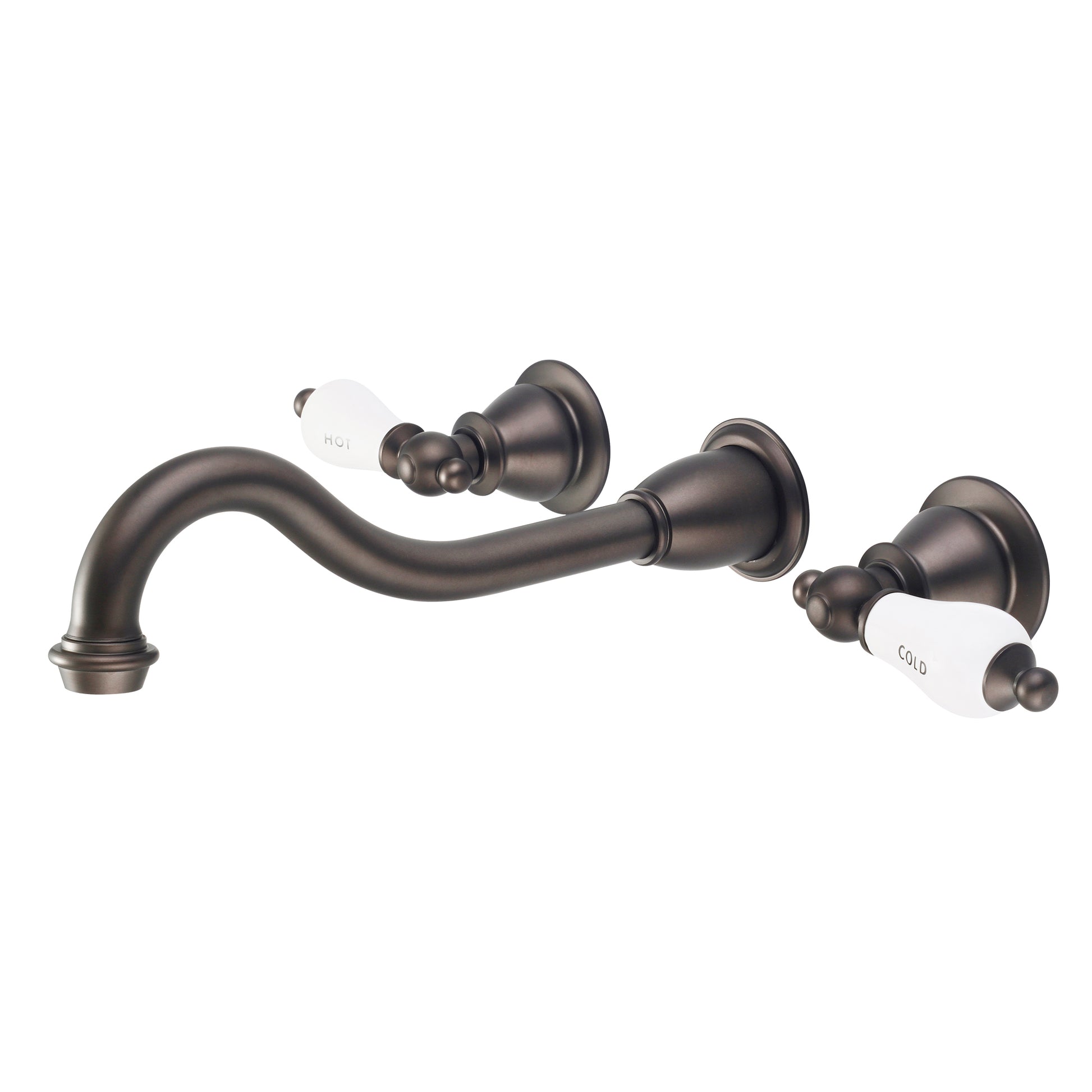 Elegant Spout Wall Mount Vessel/Bathroom Faucets in Oil Rubbed Bronze Finish, With Porcelain Lever Handles, Hot And Cold Labels Included