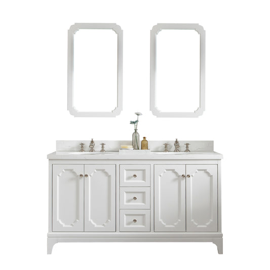 QUEEN 60"W x 34"H Pure White Double-Sink Vanity with Carrara Quartz Countertop + Faucets & Mirror (F2-0013)