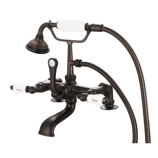 Vintage Classic 7" Spread Deck Mount Tub Faucet With 2" Risers & Handheld Shower in Oil Rubbed Bronze Finish, With Porcelain Lever Handles, Hot And Cold Labels Included