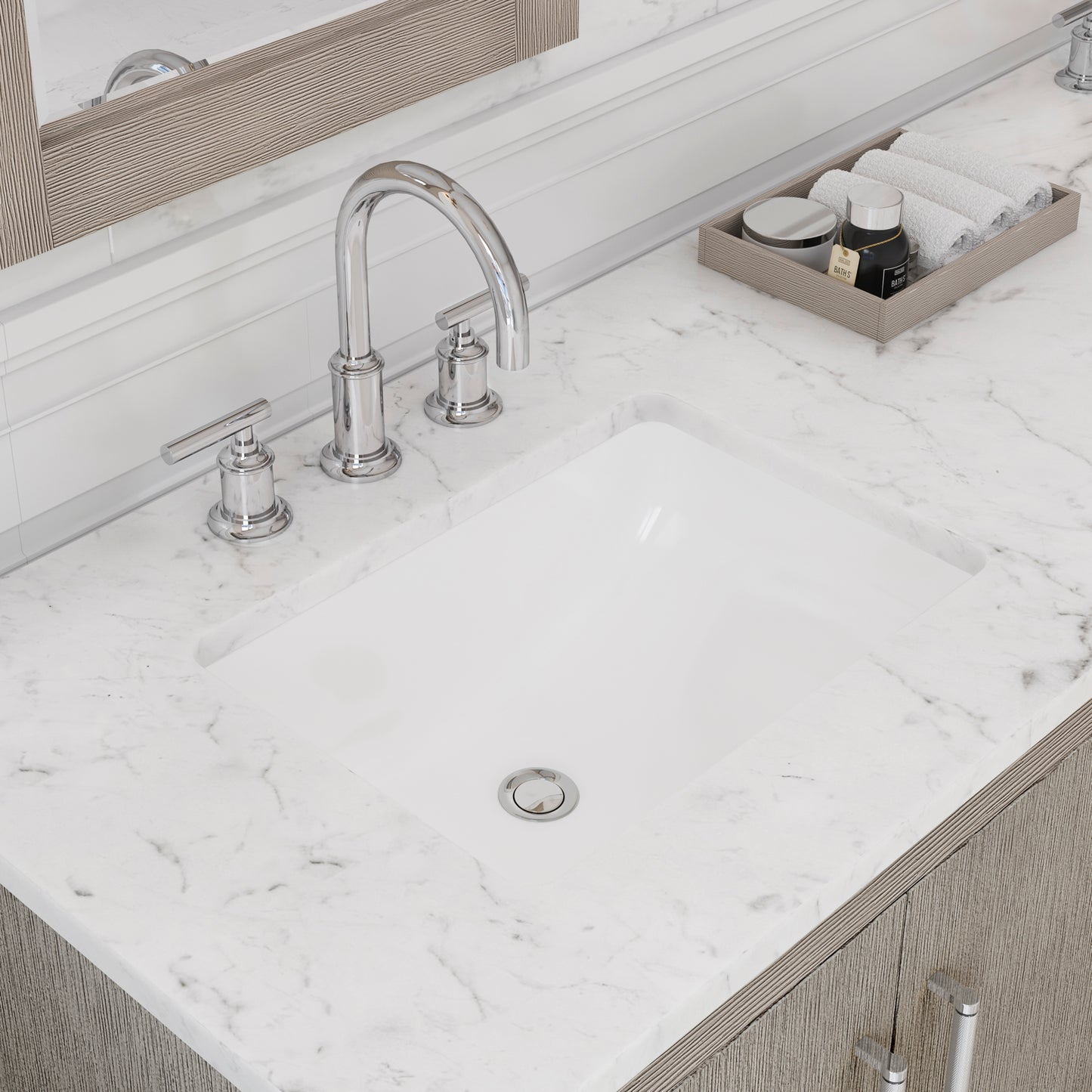 HUGO 72"W x 34.3"H Gray Oak Double-Sink Vanity with Carrara White Marble Countertop + Gooseneck Faucets