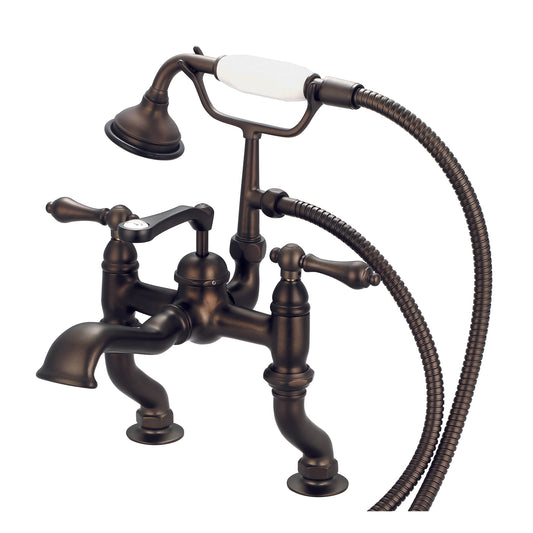 Vintage Classic Adjustable Center Deck Mount Tub Faucet With Handheld Shower in Oil Rubbed Bronze Finish, With Metal Lever Handles Without Labels