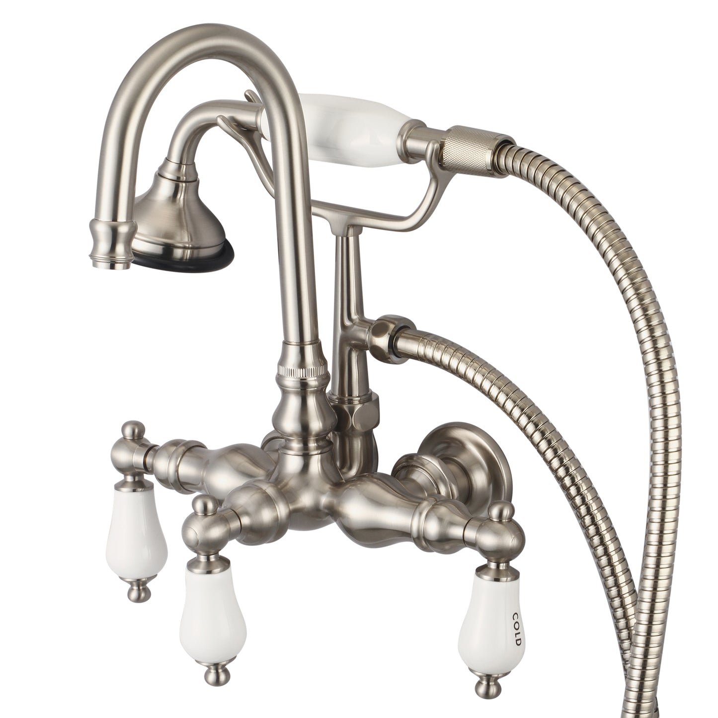 Vintage Classic 3.375" Center Wall Mount Tub Faucet With Gooseneck Spout, Straight Wall Connector & Handheld Shower in Brushed Nickel Finish, With Porcelain Lever Handles, Hot And Cold Labels Included