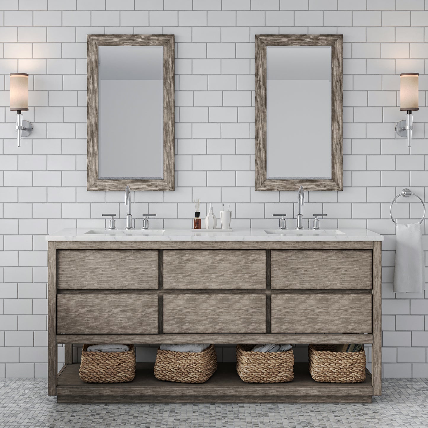 OAKMAN 72"W x 34.3"H Gray Oak Double-Sink Vanity with Carrara White Marble Countertop + Chrome Faucets