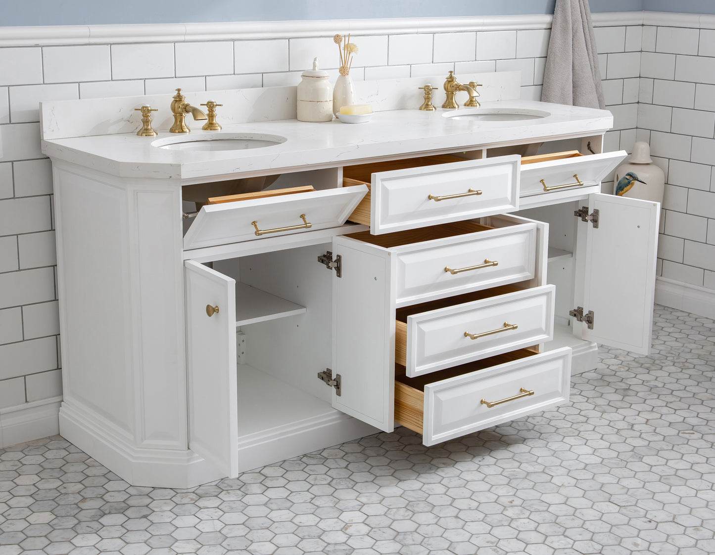 PALACE 72"W x 34"H Pure White Vanity with Carrara Quartz Countertop + Faucets & Mirrors (F2-0013), Satin Gold Finish Hardware & Chrome Finish Mirror (B)