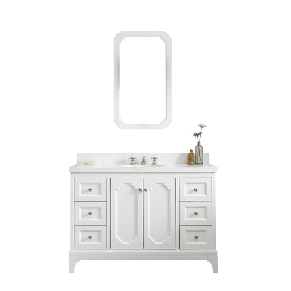 QUEEN 48W x 34H Pure White Single-Sink Vanity with Carrara Quartz Countertop + Faucets & Mirror (F2-0009)