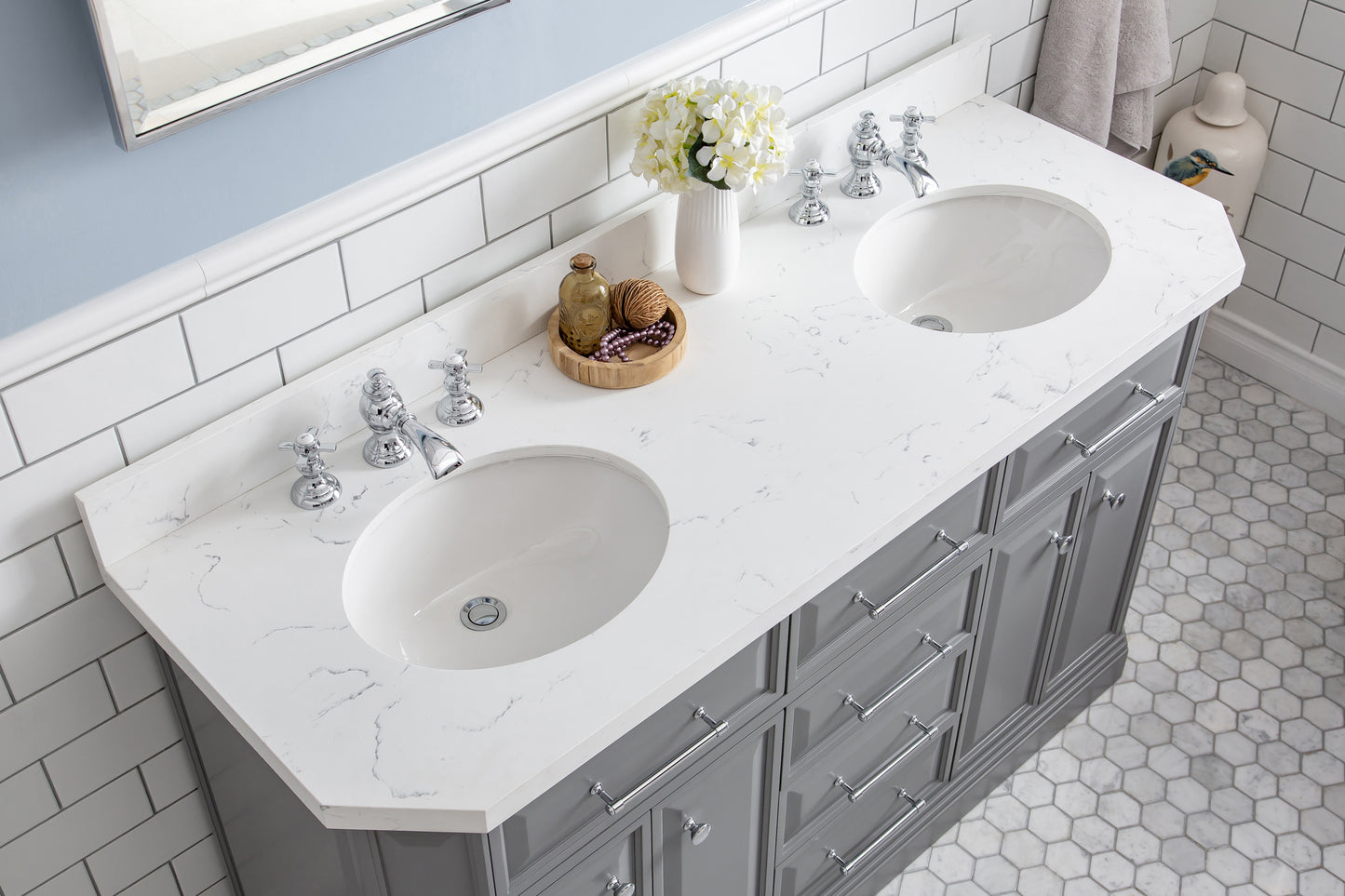 PALACE 60"W x 34"H Cashmere Gray Vanity with Carrara Quartz Countertop + Faucets (F2-0013), Chrome Finish Hardware