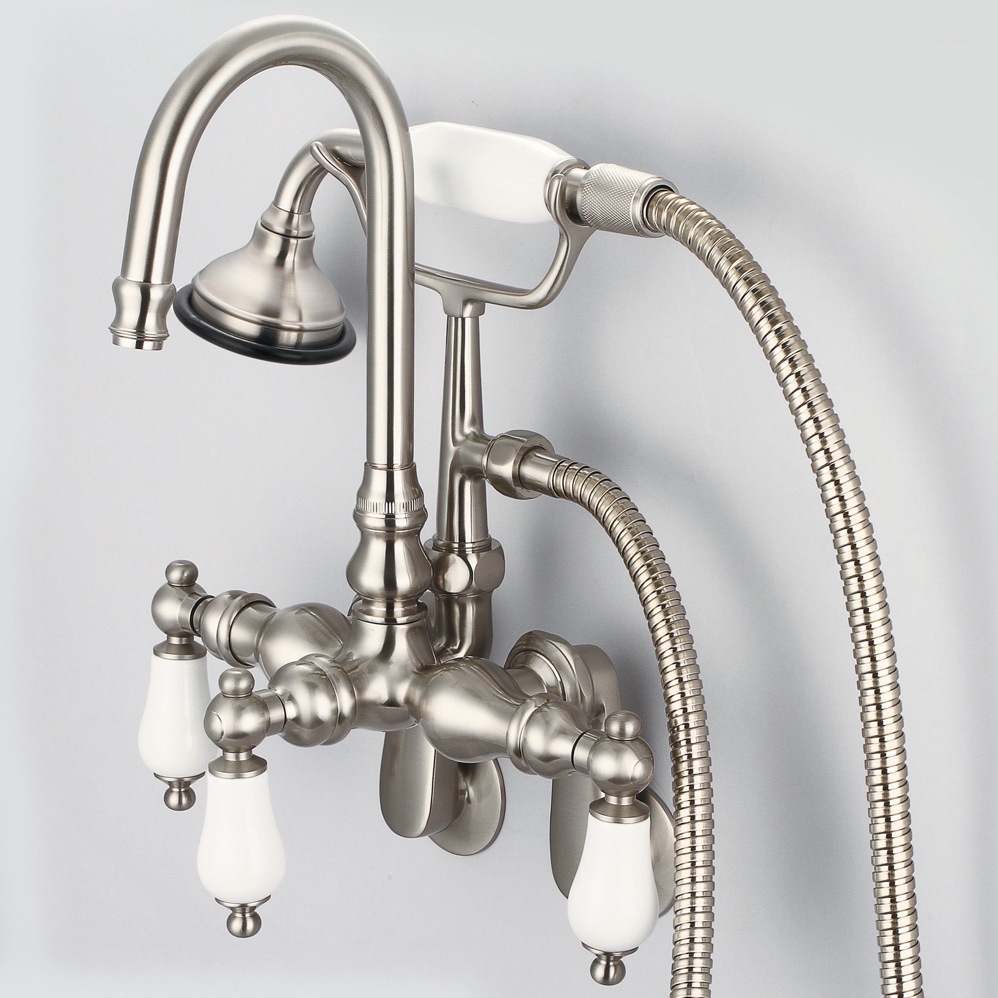 Vintage Classic Adjustable Spread Wall Mount Tub Faucet With Gooseneck Spout, Swivel Wall Connector & Handheld Shower in Brushed Nickel Finish, With Porcelain Lever Handles Without labels