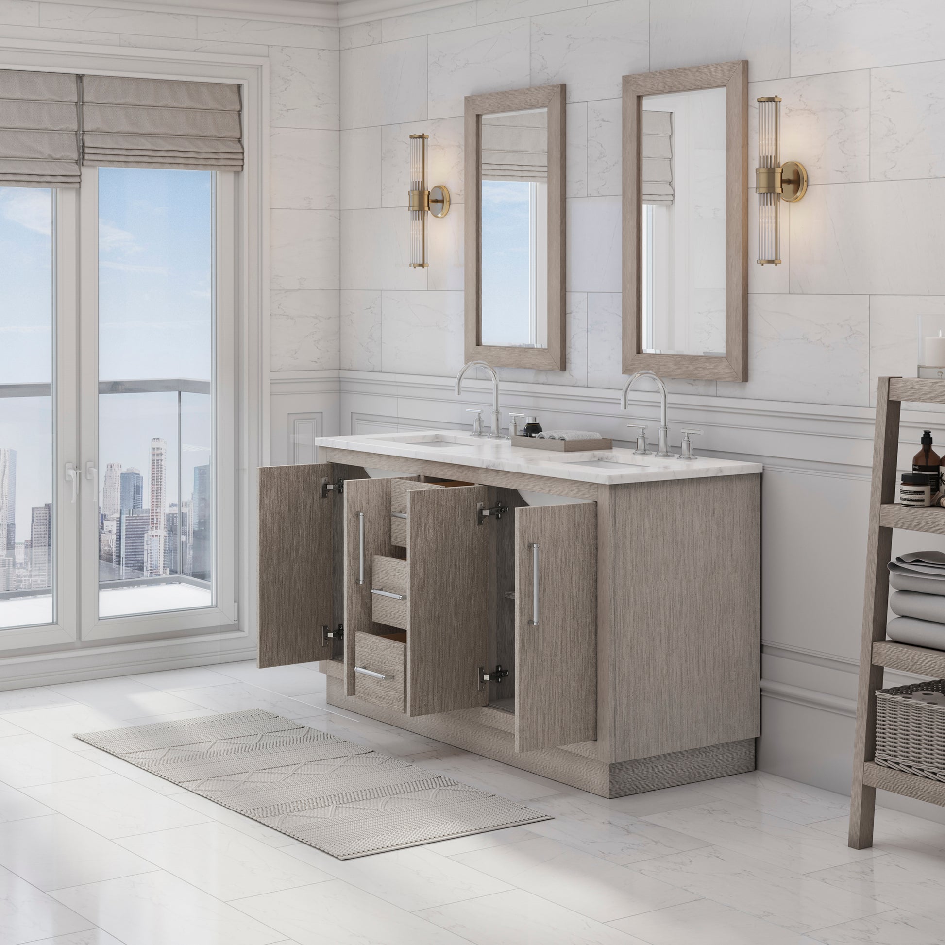 HUGO 60"W x 34.3"H Gray Oak Double-Sink Vanity with Carrara White Marble Countertop + Gooseneck Faucets