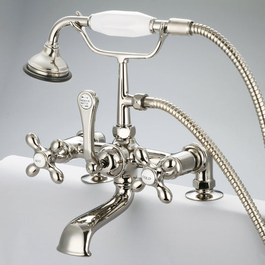 Vintage Classic 7" Spread Deck Mount Tub Faucet With 2" Risers & Handheld Shower in Polished Nickel Finish, With Metal Lever Handles, Hot And Cold Labels Included