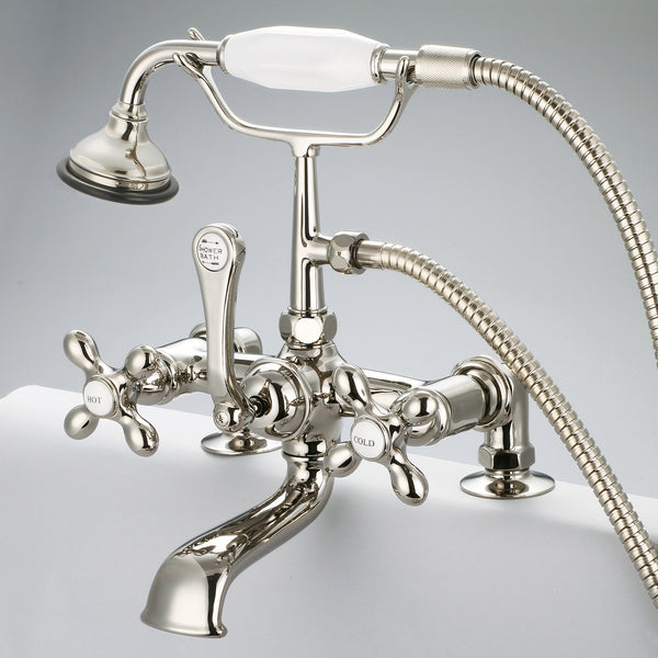 Vintage Classic 7 Spread Deck Mount Tub Faucet With 2 Risers & Handheld Shower in Polished Nickel Finish, With Metal Lever Handles, Hot And Cold Labels Included