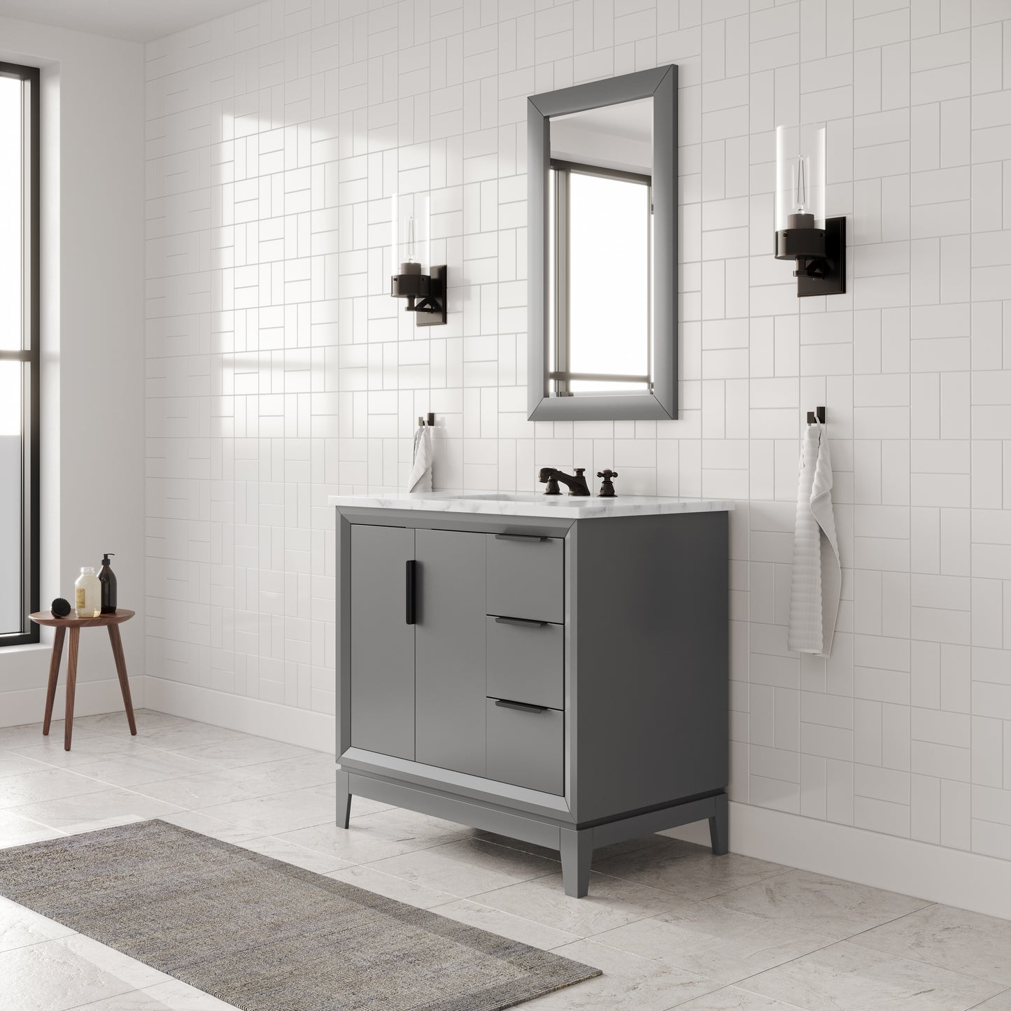 ELIZABETH 36"W x 34.25"H Cashmere Gray Single-Sink Vanity with Carrara White Marble Countertop + Faucets & Mirror (F2-0009-03-BX)